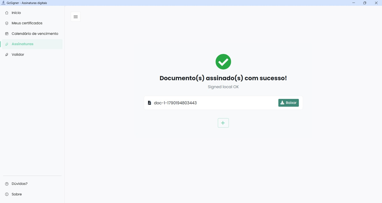 Tela de assinatura do plugin GoSigner